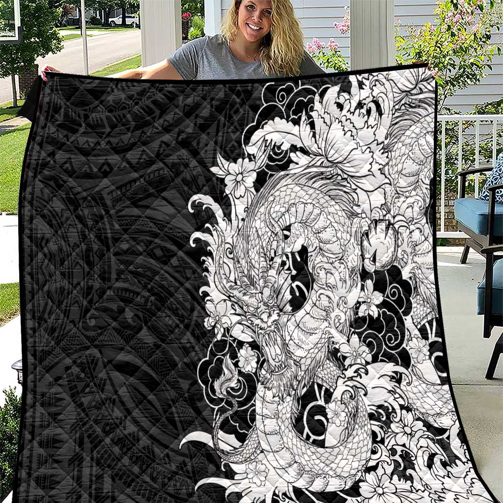 Hawaiian And Japanese Culture Quilt Irezumi Dragon With Polynesian Pattern Black LT05 Black - Polynesian Pride