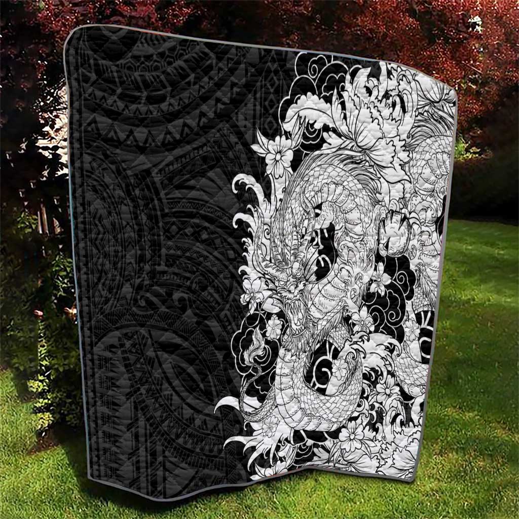 Hawaiian And Japanese Culture Quilt Irezumi Dragon With Polynesian Pattern Black - Polynesian Pride