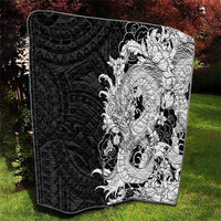 Hawaiian And Japanese Culture Quilt Irezumi Dragon With Polynesian Pattern Black - Polynesian Pride