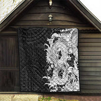 Hawaiian And Japanese Culture Quilt Irezumi Dragon With Polynesian Pattern Black - Polynesian Pride
