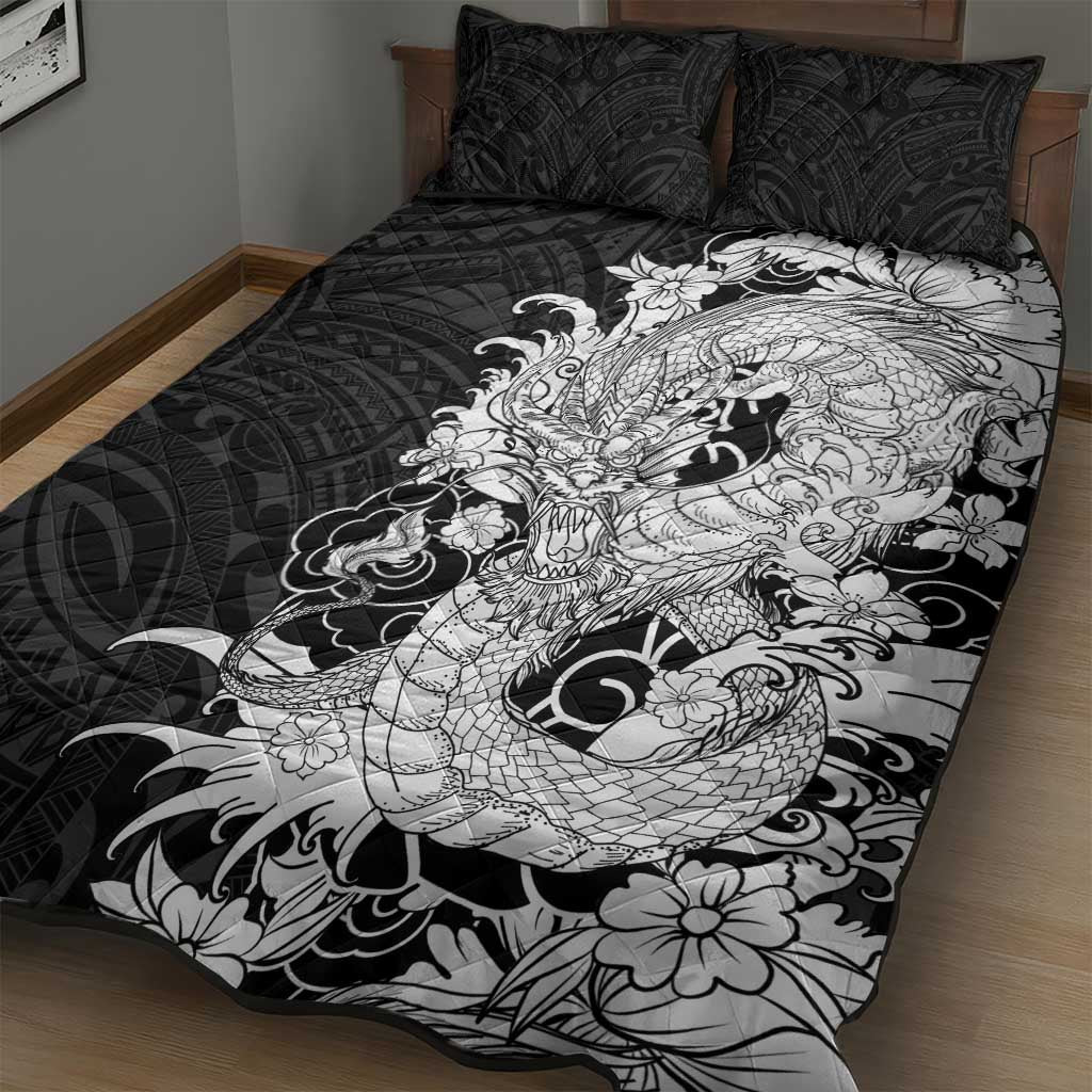 Hawaiian And Japanese Culture Quilt Bed Set Irezumi Dragon With Polynesian Pattern Black - Polynesian Pride