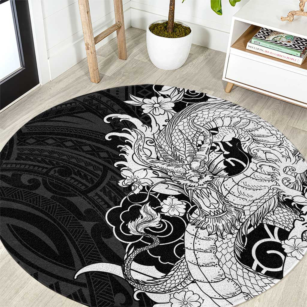Hawaiian And Japanese Culture Round Carpet Irezumi Dragon With Polynesian Pattern Black LT05 Black - Polynesian Pride