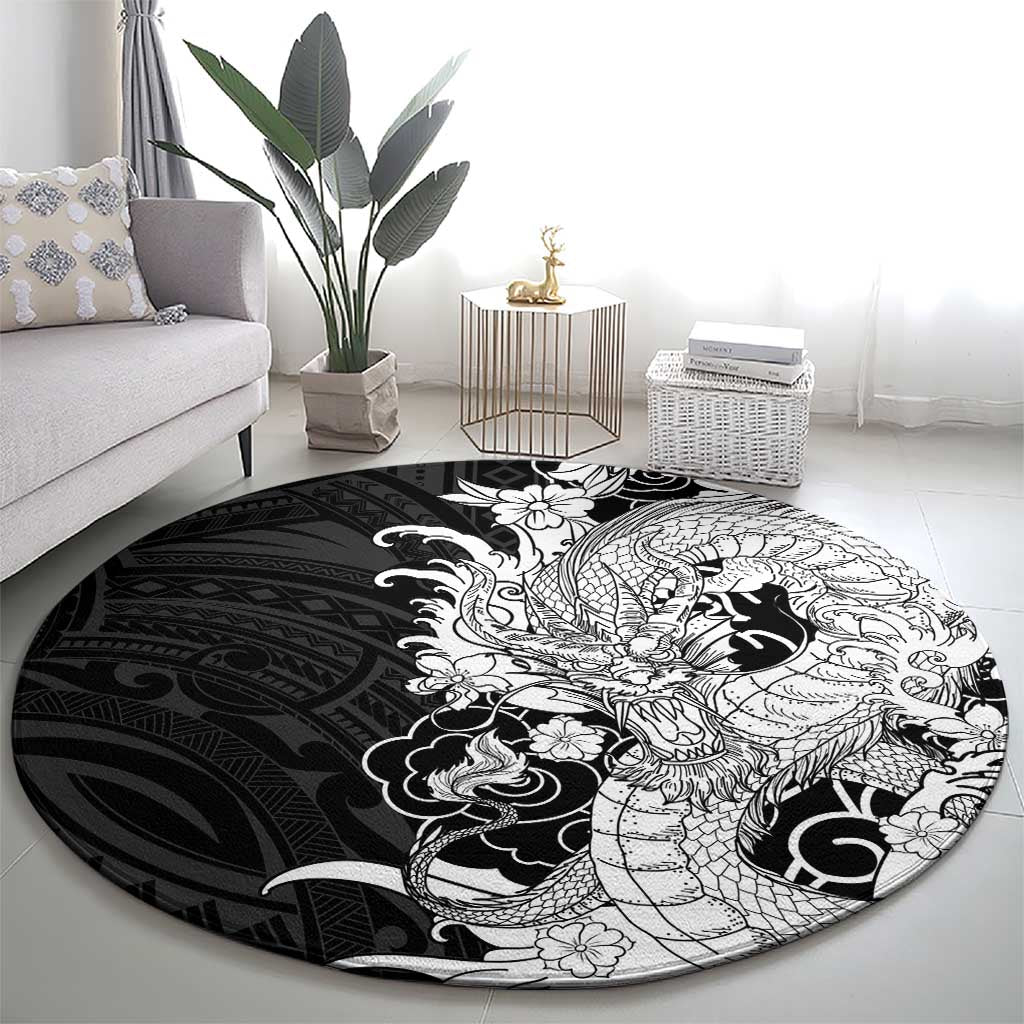 Hawaiian And Japanese Culture Round Carpet Irezumi Dragon With Polynesian Pattern Black - Polynesian Pride