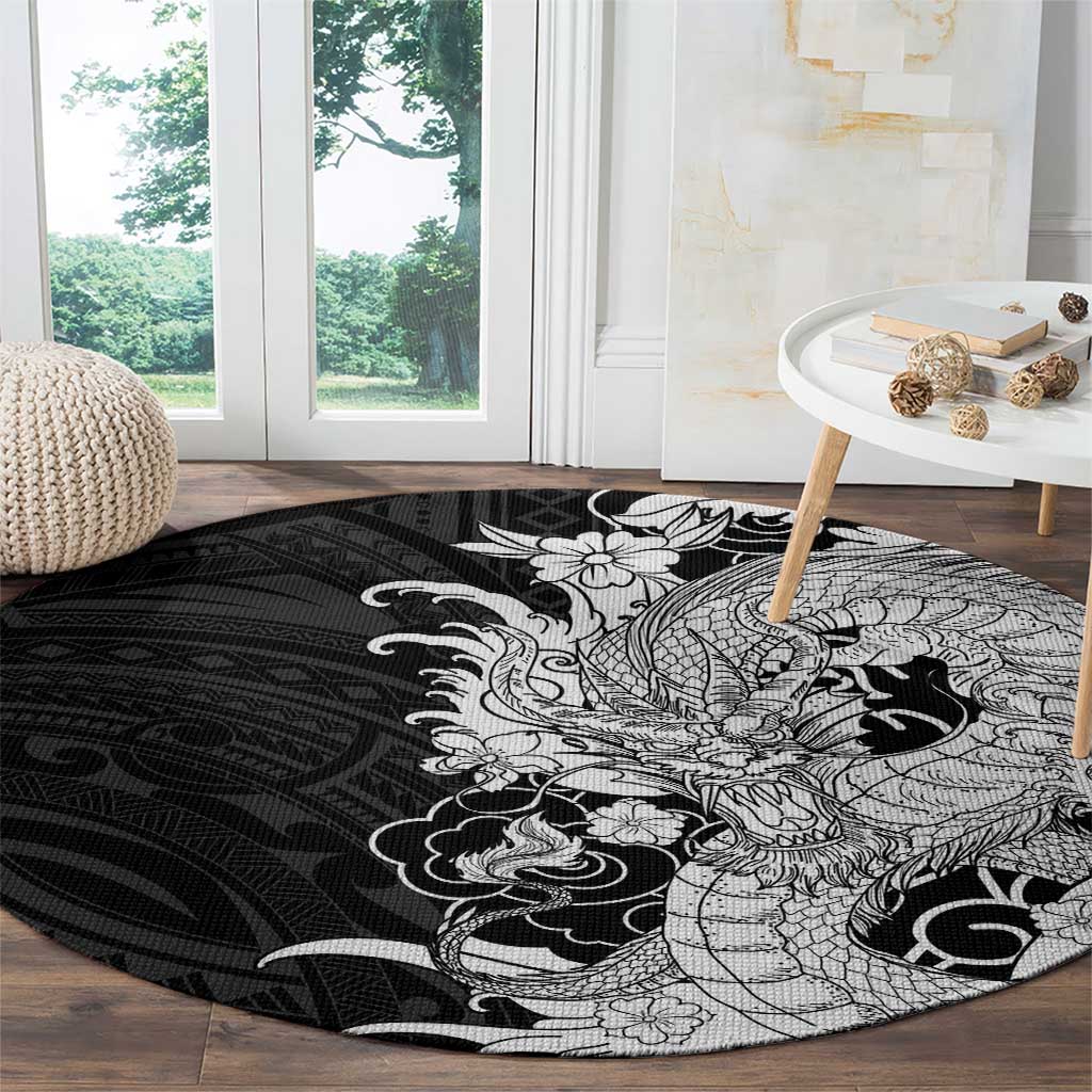Hawaiian And Japanese Culture Round Carpet Irezumi Dragon With Polynesian Pattern Black - Polynesian Pride