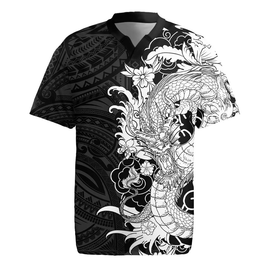 Hawaiian And Japanese Culture Rugby Jersey Irezumi Dragon With Polynesian Pattern Black - Polynesian Pride