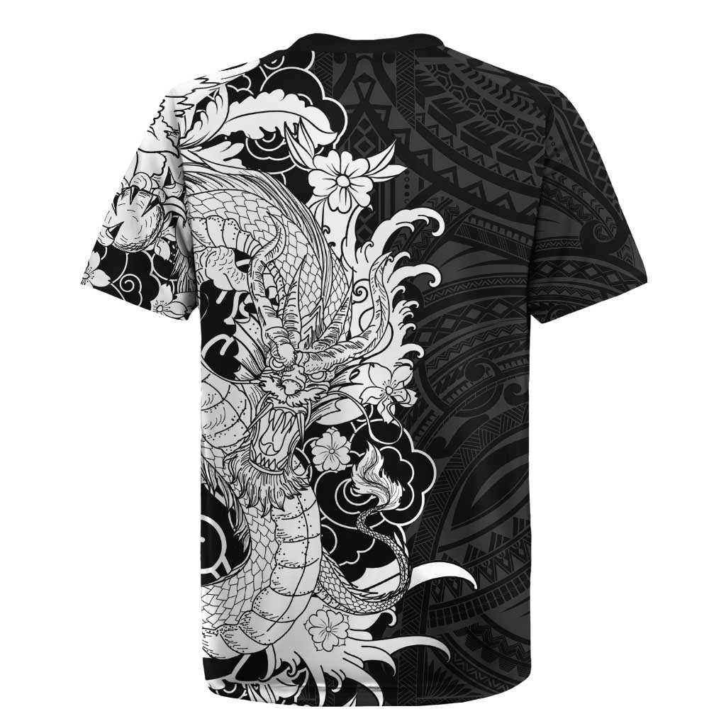 Hawaiian And Japanese Culture Rugby Jersey Irezumi Dragon With Polynesian Pattern Black - Polynesian Pride