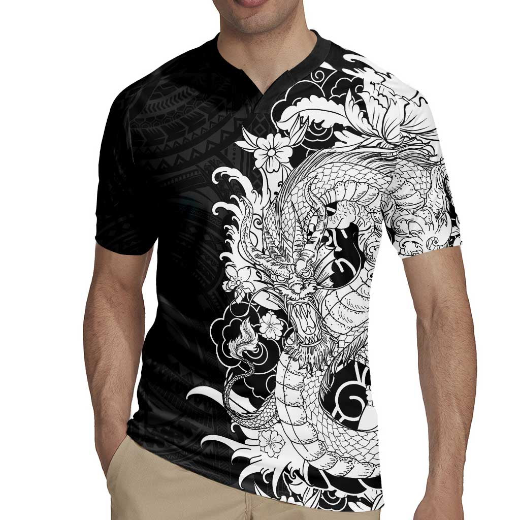 Hawaiian And Japanese Culture Rugby Jersey Irezumi Dragon With Polynesian Pattern Black - Polynesian Pride