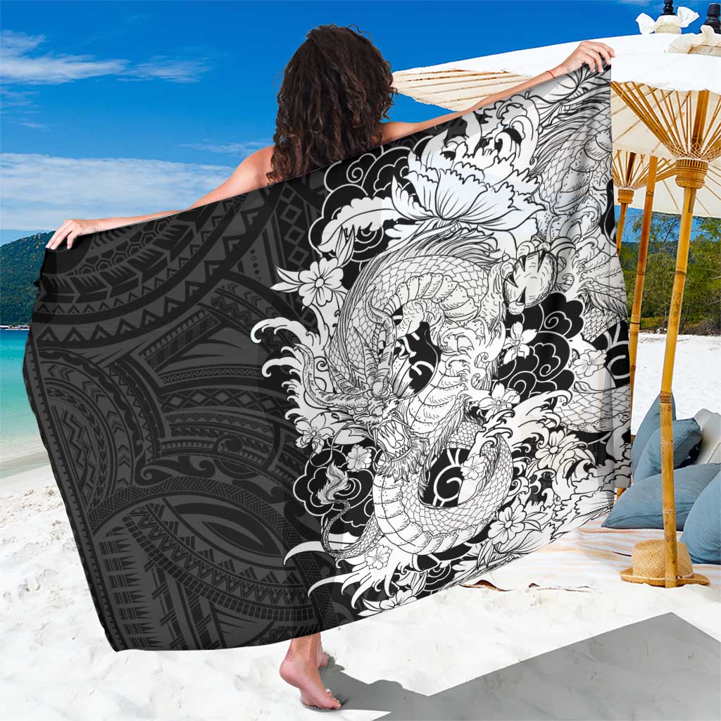 Hawaiian And Japanese Culture Sarong Irezumi Dragon With Polynesian Pattern Black LT05 One Size 44 x 66 inches Black - Polynesian Pride