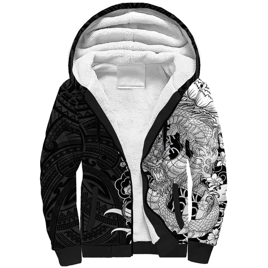 Hawaiian And Japanese Culture Sherpa Hoodie Irezumi Dragon With Polynesian Pattern Black LT05 Unisex Black - Polynesian Pride