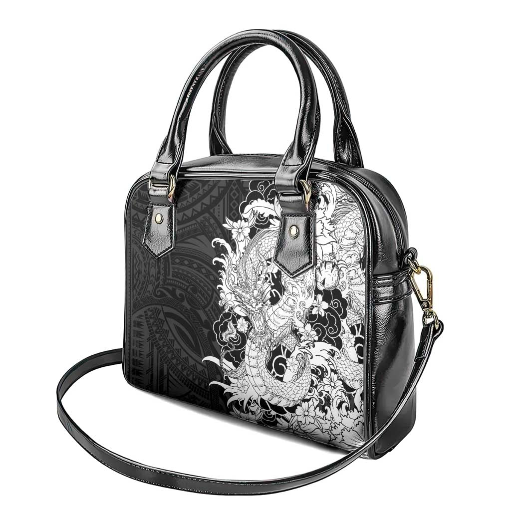 Hawaiian And Japanese Culture Shoulder Handbag Irezumi Dragon With Polynesian Pattern Black - Polynesian Pride