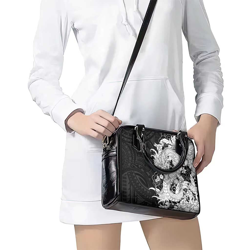 Hawaiian And Japanese Culture Shoulder Handbag Irezumi Dragon With Polynesian Pattern Black - Polynesian Pride
