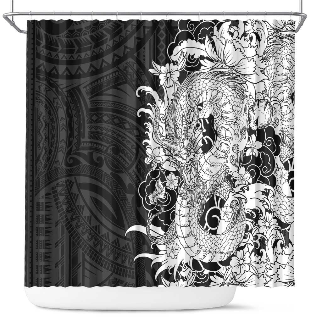 Hawaiian And Japanese Culture Shower Curtain Irezumi Dragon With Polynesian Pattern Black LT05 Black - Polynesian Pride