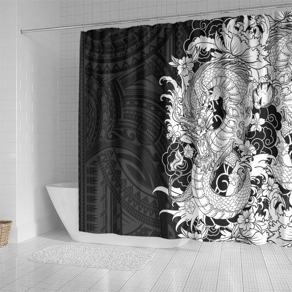 Hawaiian And Japanese Culture Shower Curtain Irezumi Dragon With Polynesian Pattern Black - Polynesian Pride