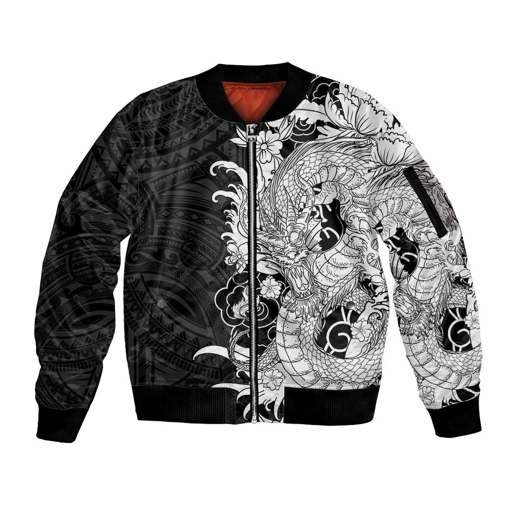 Hawaiian And Japanese Culture Sleeve Zip Bomber Jacket Irezumi Dragon With Polynesian Pattern Black - Polynesian Pride