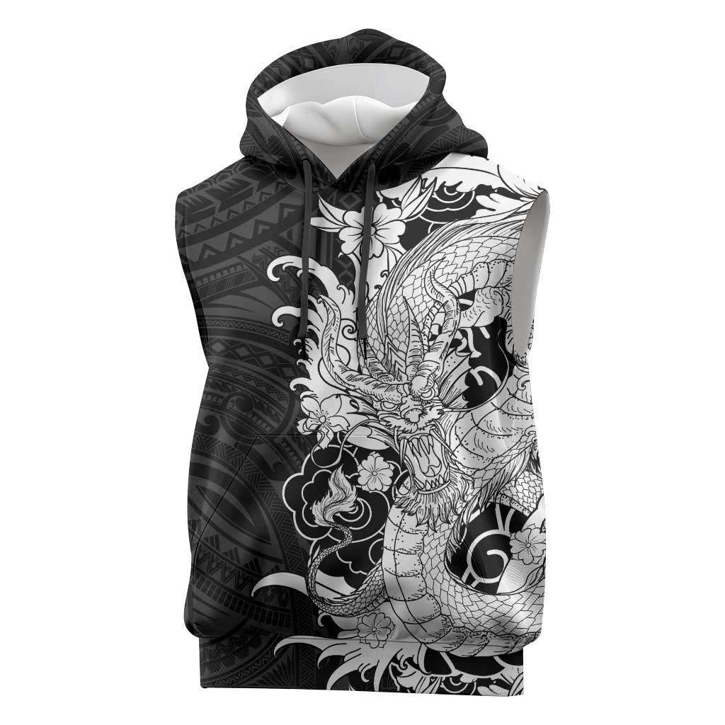 Hawaiian And Japanese Culture Sleeveless Hoodie Irezumi Dragon With Polynesian Pattern Black - Polynesian Pride