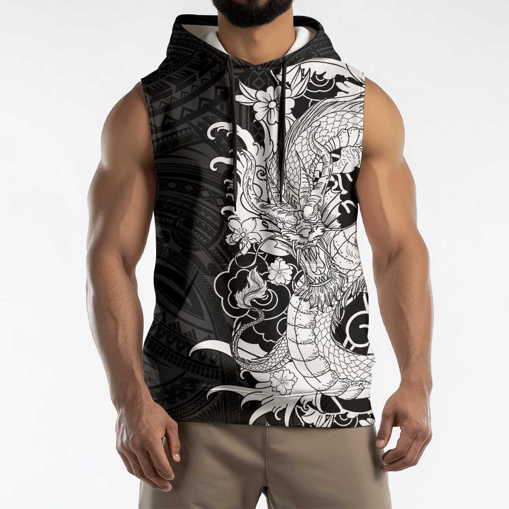 Hawaiian And Japanese Culture Sleeveless Hoodie Irezumi Dragon With Polynesian Pattern Black - Polynesian Pride