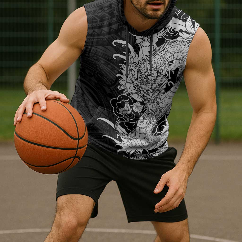 Hawaiian And Japanese Culture Sleeveless Hoodie Irezumi Dragon With Polynesian Pattern Black - Polynesian Pride