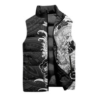 Hawaiian And Japanese Culture Sleeveless Puffer Jacket Irezumi Dragon With Polynesian Pattern Black - Polynesian Pride