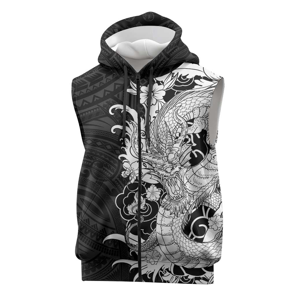 Hawaiian And Japanese Culture Sleeveless Zip Hoodie Irezumi Dragon With Polynesian Pattern Black - Polynesian Pride