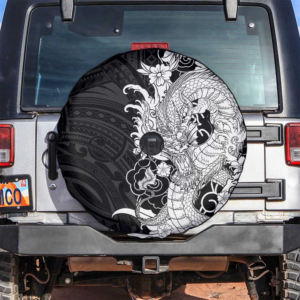 Hawaiian And Japanese Culture Spare Tire Cover Irezumi Dragon With Polynesian Pattern Black - Polynesian Pride