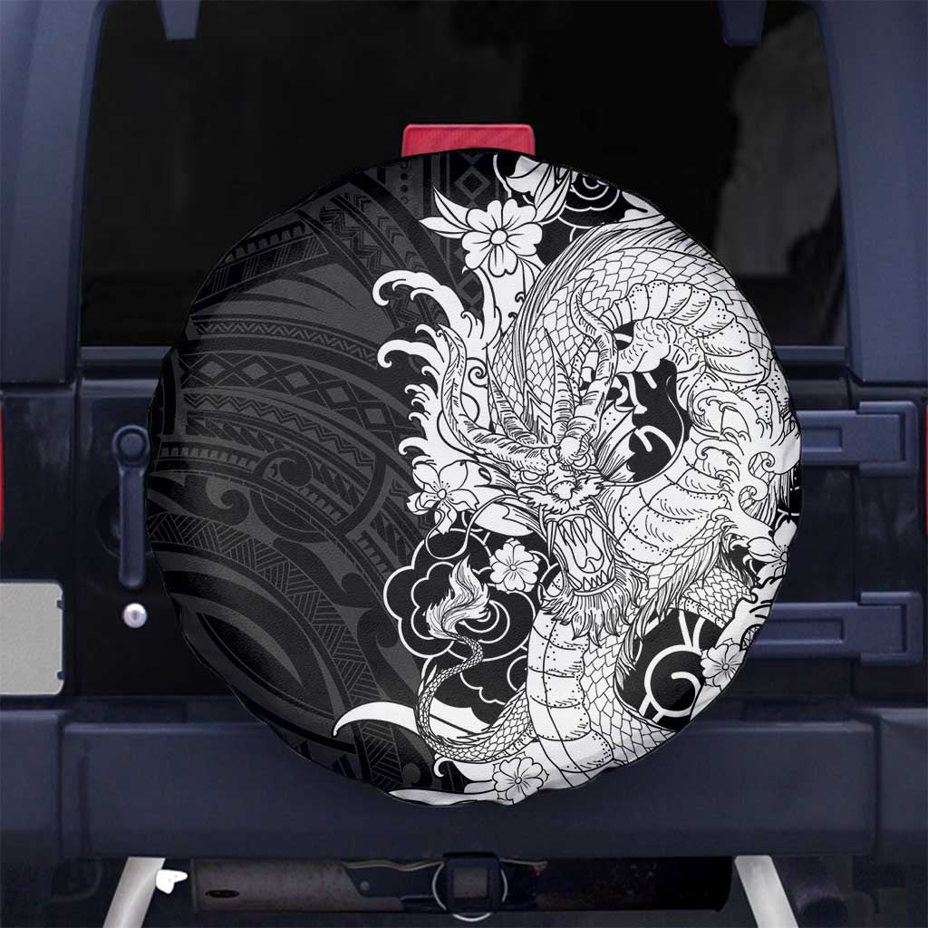 Hawaiian And Japanese Culture Spare Tire Cover Irezumi Dragon With Polynesian Pattern Black - Polynesian Pride