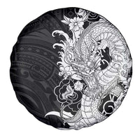 Hawaiian And Japanese Culture Spare Tire Cover Irezumi Dragon With Polynesian Pattern Black - Polynesian Pride
