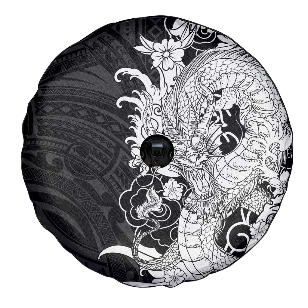 Hawaiian And Japanese Culture Spare Tire Cover Irezumi Dragon With Polynesian Pattern Black - Polynesian Pride