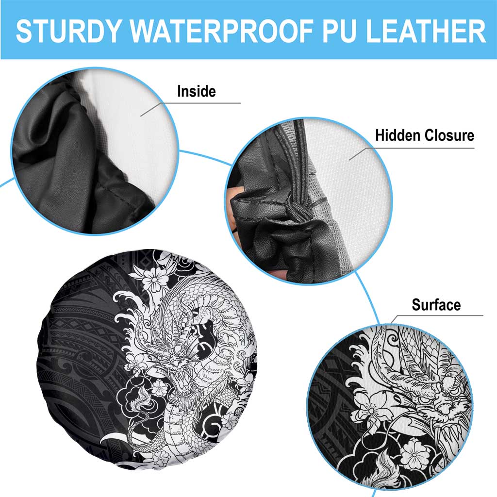 Hawaiian And Japanese Culture Spare Tire Cover Irezumi Dragon With Polynesian Pattern Black - Polynesian Pride