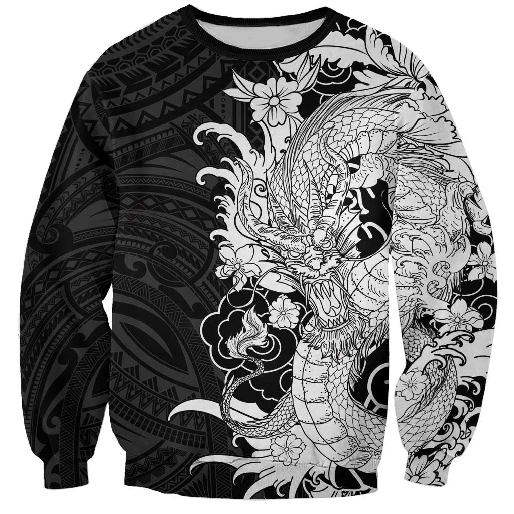 Hawaiian And Japanese Culture Sweatshirt Irezumi Dragon With Polynesian Pattern Black LT05 Unisex Black - Polynesian Pride