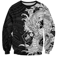 Hawaiian And Japanese Culture Sweatshirt Irezumi Dragon With Polynesian Pattern Black - Polynesian Pride