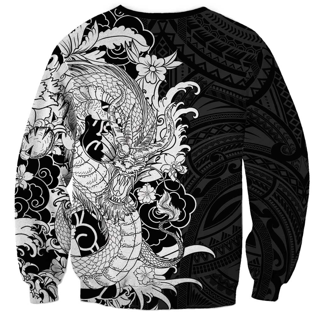 Hawaiian And Japanese Culture Sweatshirt Irezumi Dragon With Polynesian Pattern Black - Polynesian Pride