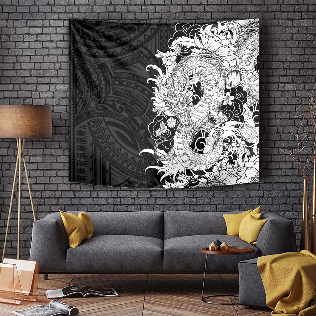 Hawaiian And Japanese Culture Tapestry Irezumi Dragon With Polynesian Pattern Black LT05 Black - Polynesian Pride
