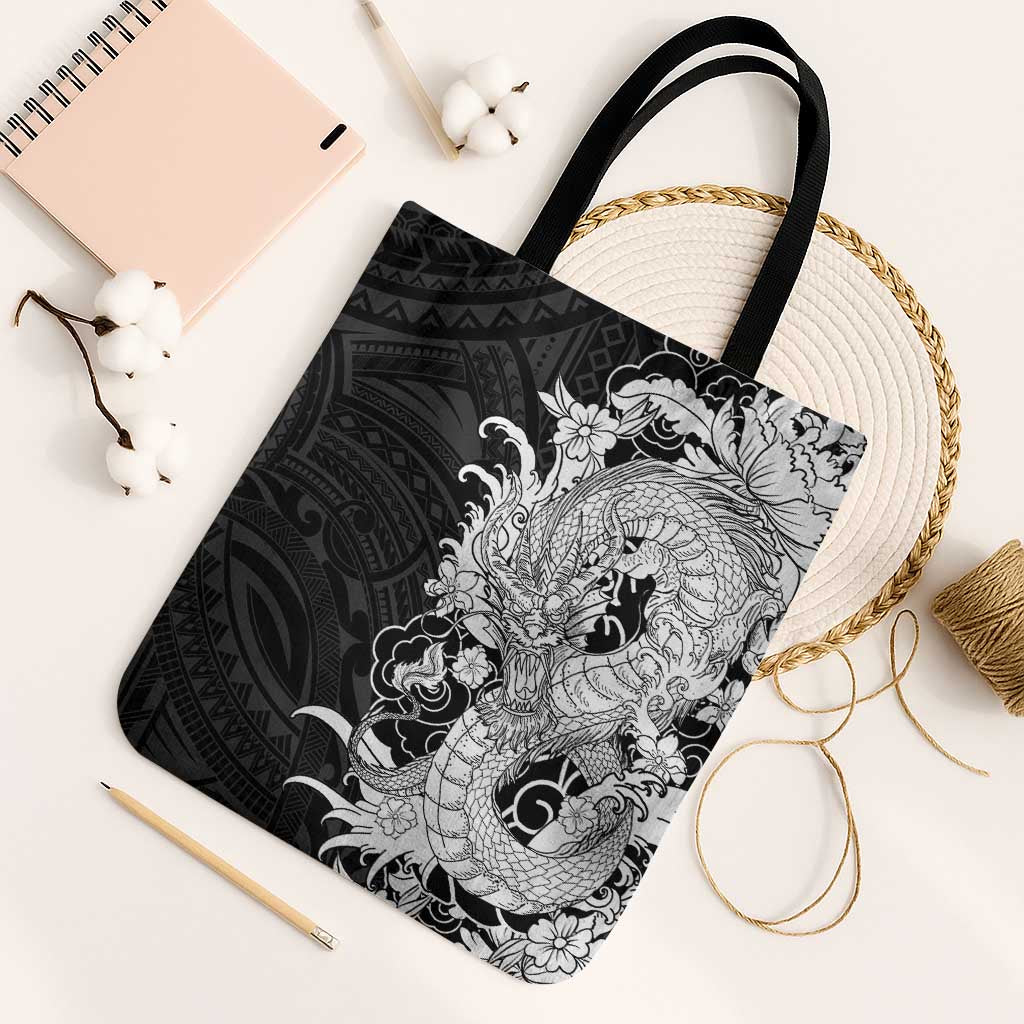 Hawaiian And Japanese Culture Tote Bag Irezumi Dragon With Polynesian Pattern Black LT05 Black Strap One Size Black - Polynesian Pride