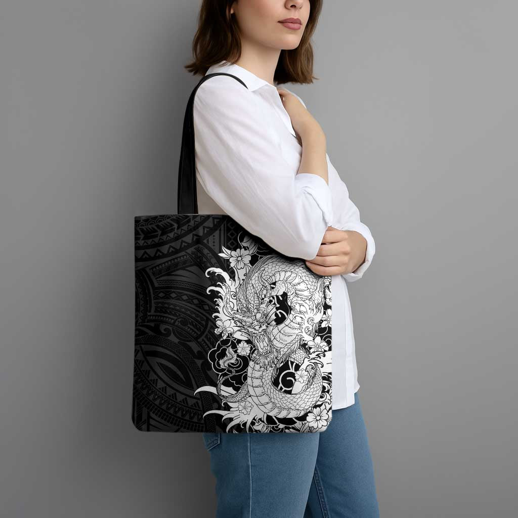 Hawaiian And Japanese Culture Tote Bag Irezumi Dragon With Polynesian Pattern Black - Polynesian Pride