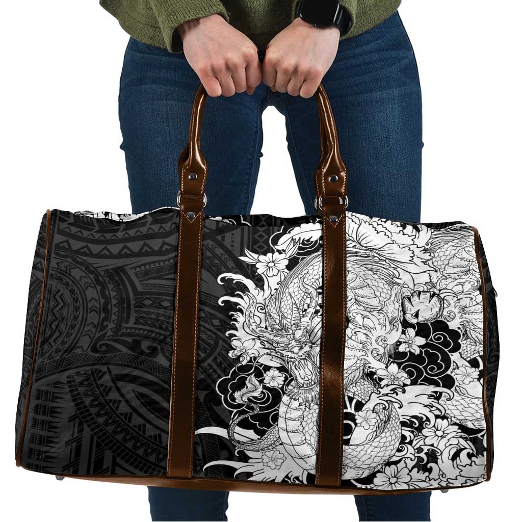 Hawaiian And Japanese Culture Travel Bag Irezumi Dragon With Polynesian Pattern Black - Polynesian Pride