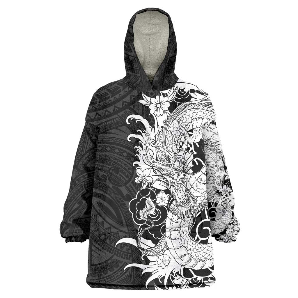 Hawaiian And Japanese Culture Wearable Blanket Hoodie Irezumi Dragon With Polynesian Pattern Black - Polynesian Pride