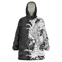 Hawaiian And Japanese Culture Wearable Blanket Hoodie Irezumi Dragon With Polynesian Pattern Black - Polynesian Pride