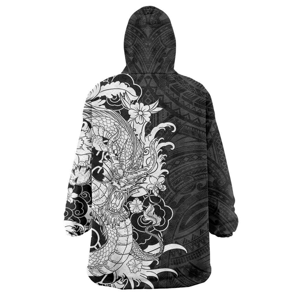 Hawaiian And Japanese Culture Wearable Blanket Hoodie Irezumi Dragon With Polynesian Pattern Black - Polynesian Pride