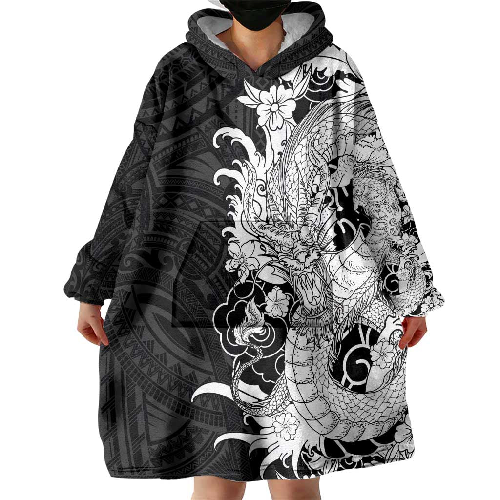 Hawaiian And Japanese Culture Wearable Blanket Hoodie Irezumi Dragon With Polynesian Pattern Black - Polynesian Pride