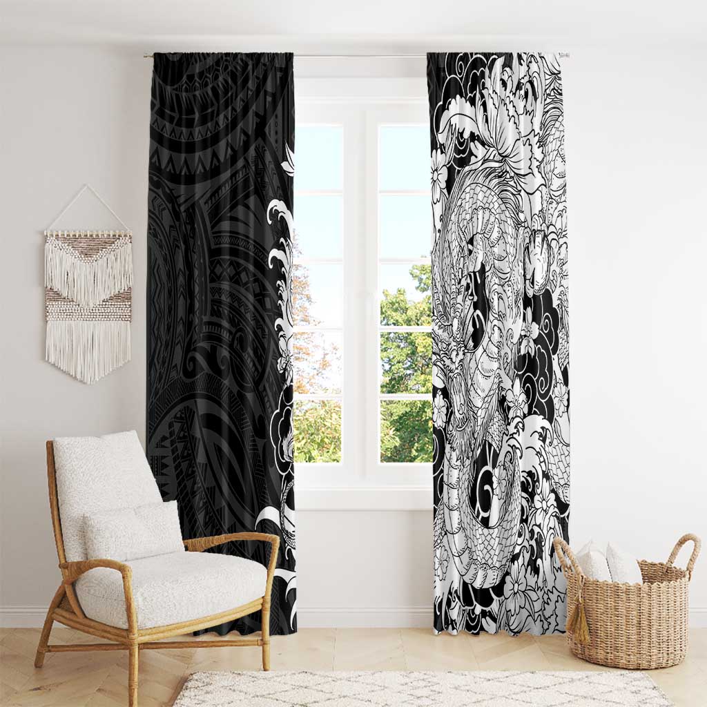 Hawaiian And Japanese Culture Window Curtain Irezumi Dragon With Polynesian Pattern Black - Polynesian Pride