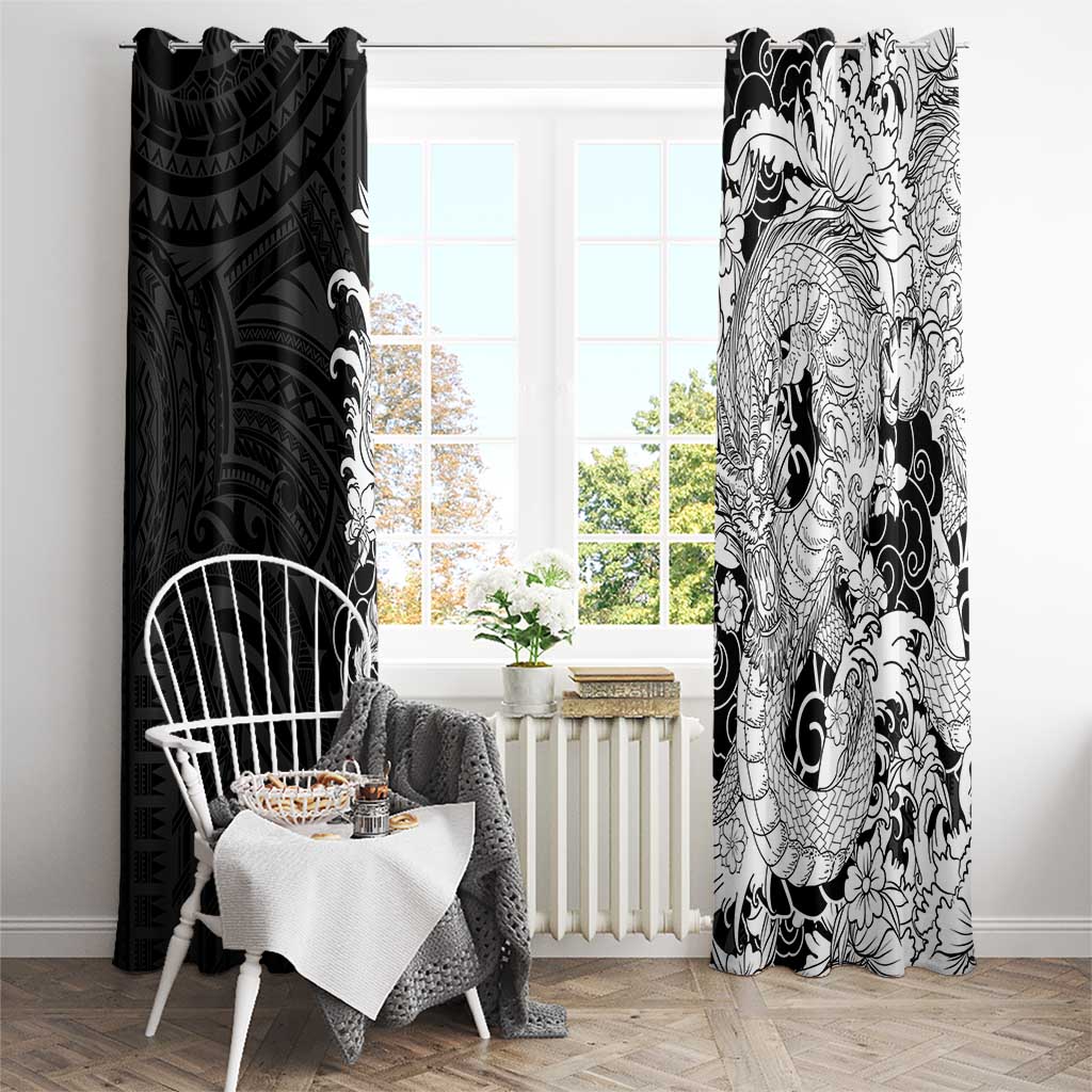 Hawaiian And Japanese Culture Window Curtain Irezumi Dragon With Polynesian Pattern Black - Polynesian Pride