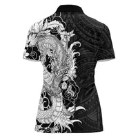 Hawaiian And Japanese Culture Women Polo Shirt Irezumi Dragon With Polynesian Pattern Black - Polynesian Pride