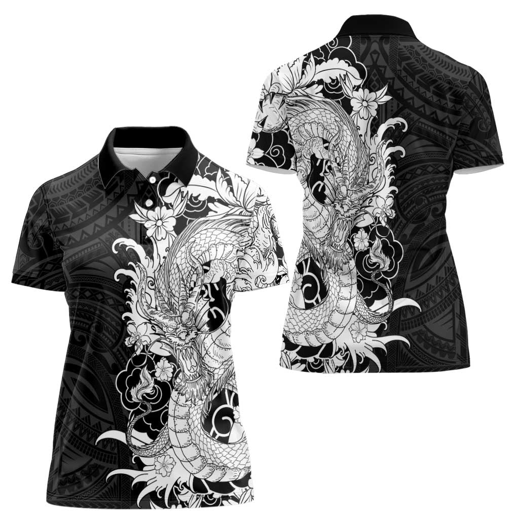 Hawaiian And Japanese Culture Women Polo Shirt Irezumi Dragon With Polynesian Pattern Black - Polynesian Pride