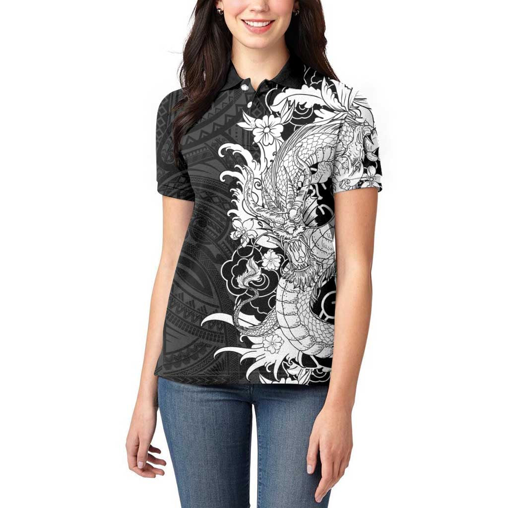 Hawaiian And Japanese Culture Women Polo Shirt Irezumi Dragon With Polynesian Pattern Black - Polynesian Pride