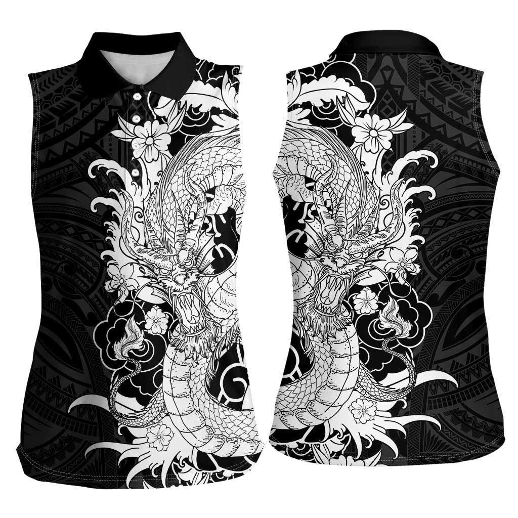 Hawaiian And Japanese Culture Women Sleeveless Polo Shirt Irezumi Dragon With Polynesian Pattern Black - Polynesian Pride