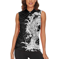 Hawaiian And Japanese Culture Women Sleeveless Polo Shirt Irezumi Dragon With Polynesian Pattern Black - Polynesian Pride