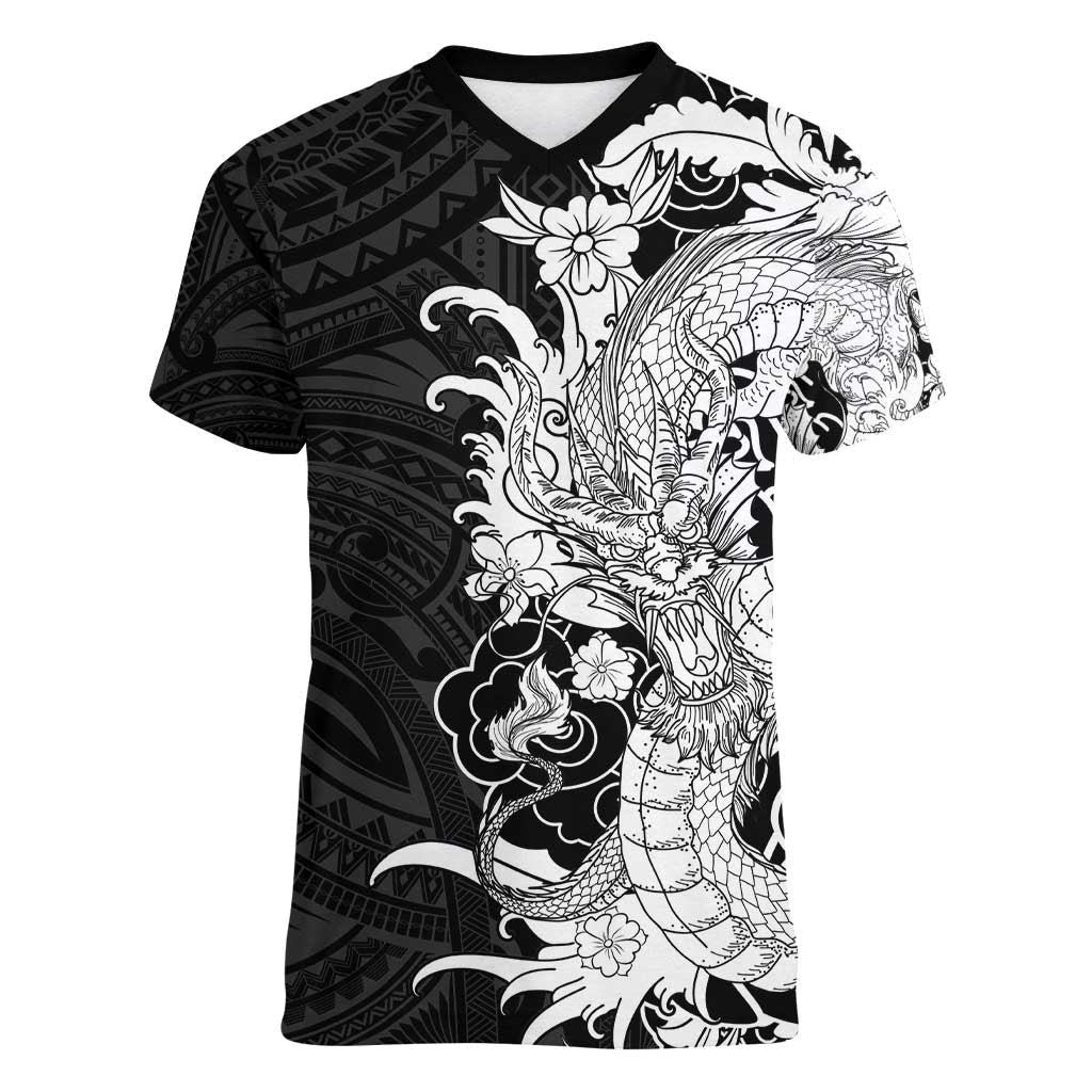 Hawaiian And Japanese Culture Women V-Neck T-Shirt Irezumi Dragon With Polynesian Pattern Black - Polynesian Pride