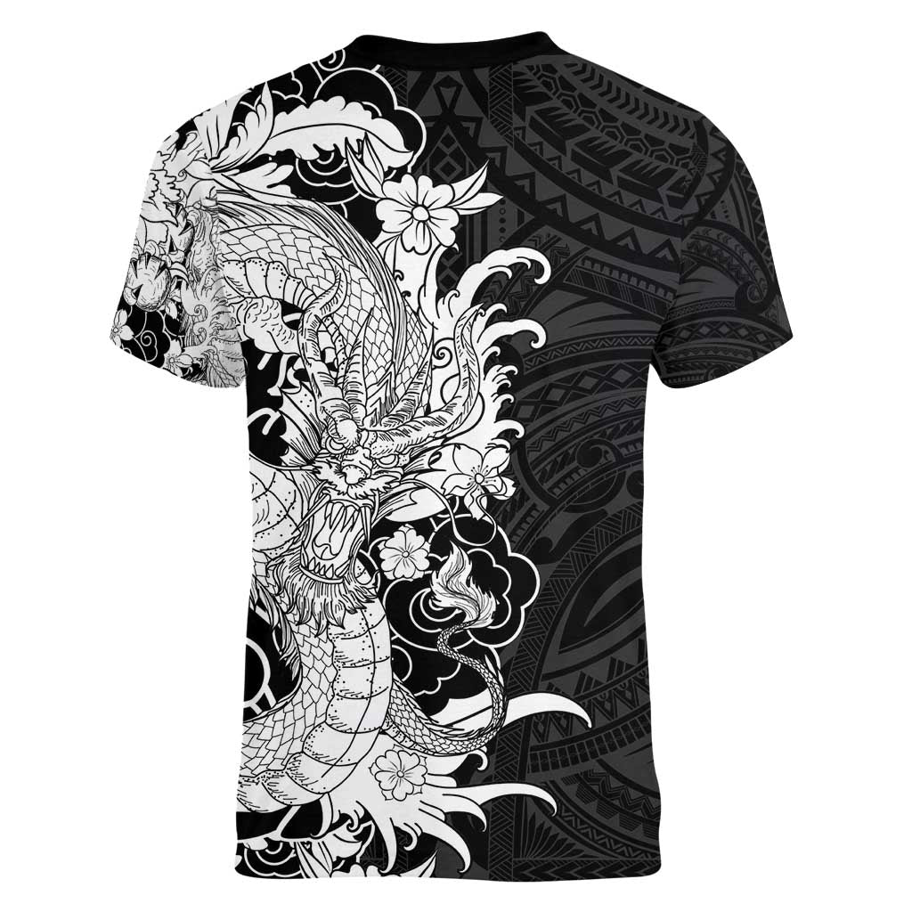 Hawaiian And Japanese Culture Women V-Neck T-Shirt Irezumi Dragon With Polynesian Pattern Black - Polynesian Pride
