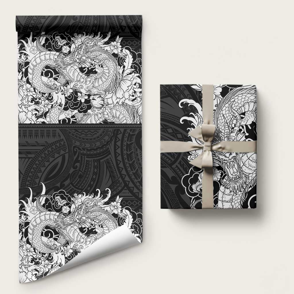 Hawaiian And Japanese Culture Wrapping Paper Irezumi Dragon With Polynesian Pattern Black
