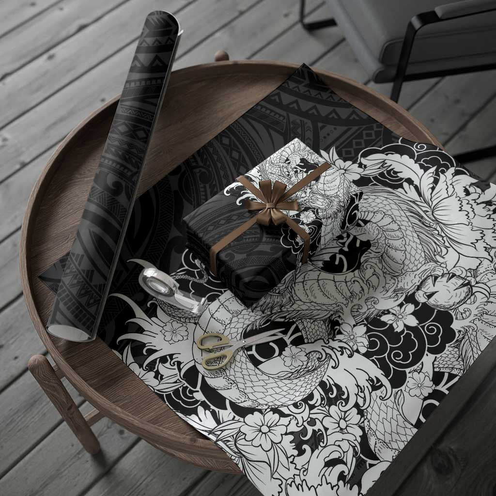 Hawaiian And Japanese Culture Wrapping Paper Irezumi Dragon With Polynesian Pattern Black